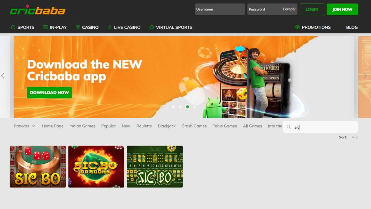 online sic bo games at Cricbaba Casino